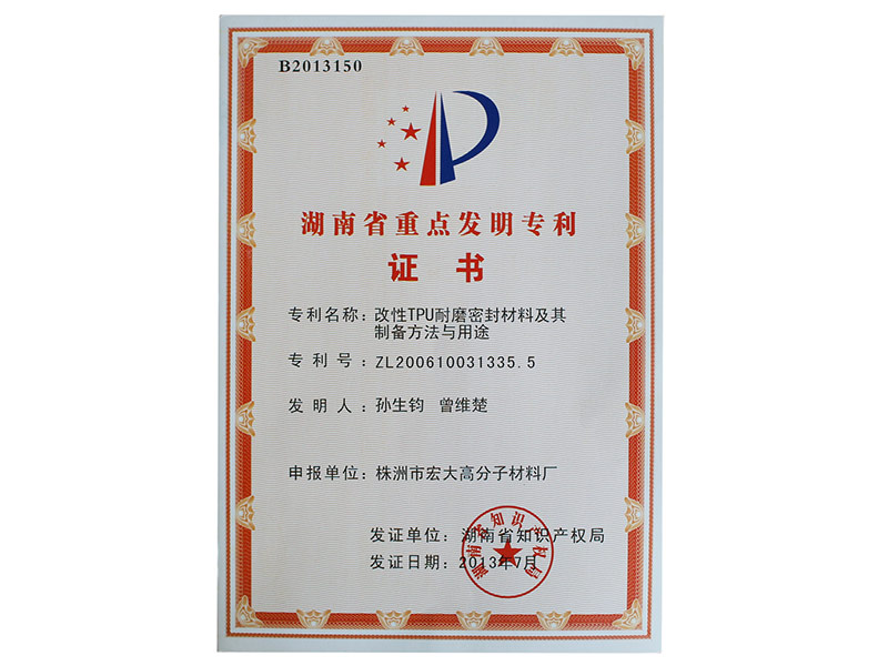 湖南省重點發明專利證書
